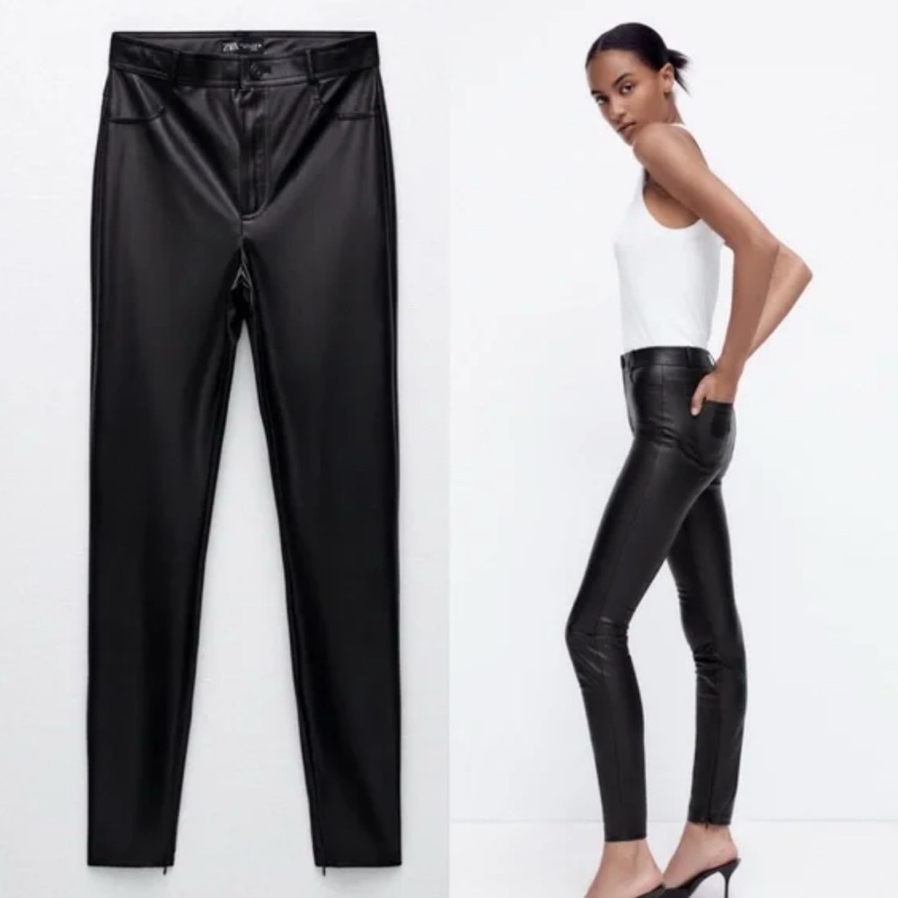 Zara black faux leather straight leg pants size 2